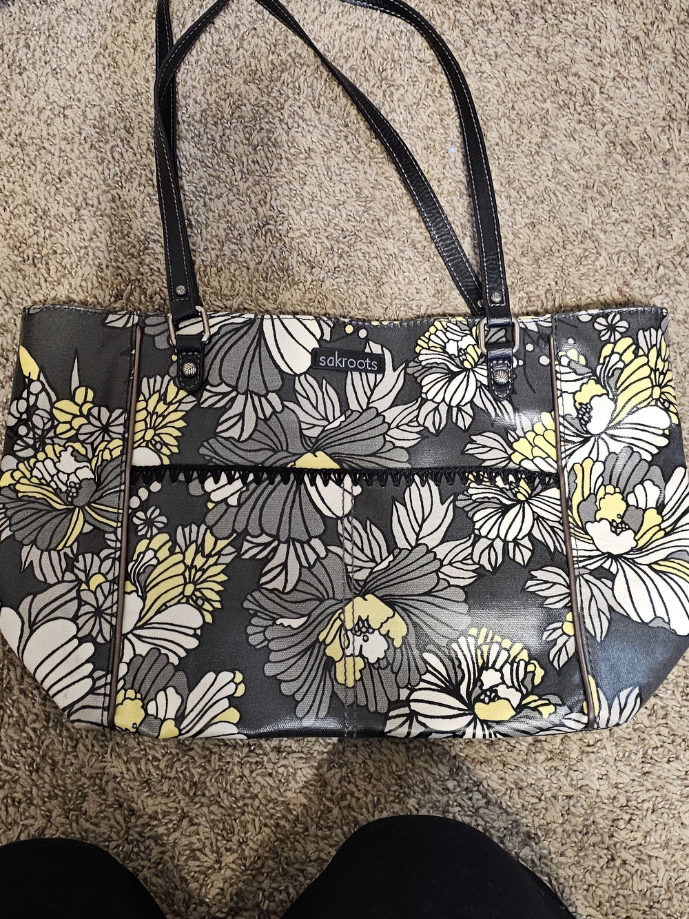 Sakroots Black Floral Tote with Gray & Yellow Accents